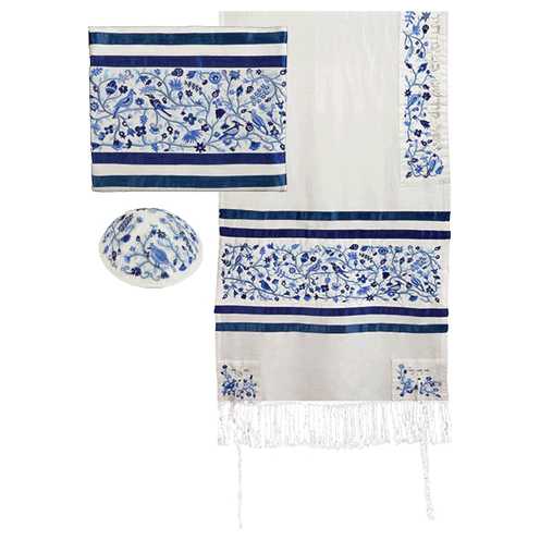 Blue Silk And Cotton Matriarchs Silk Tallit Set By Yair Emanuel - 20" X 75"
