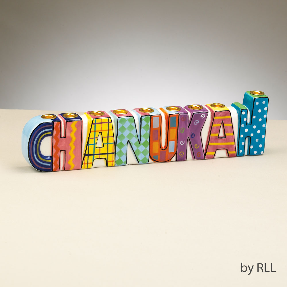 MENORAH, "CHANUKAH", HAND-PAINTED CERAMIC, 11"X3", GIFT BOX (MFR-10)