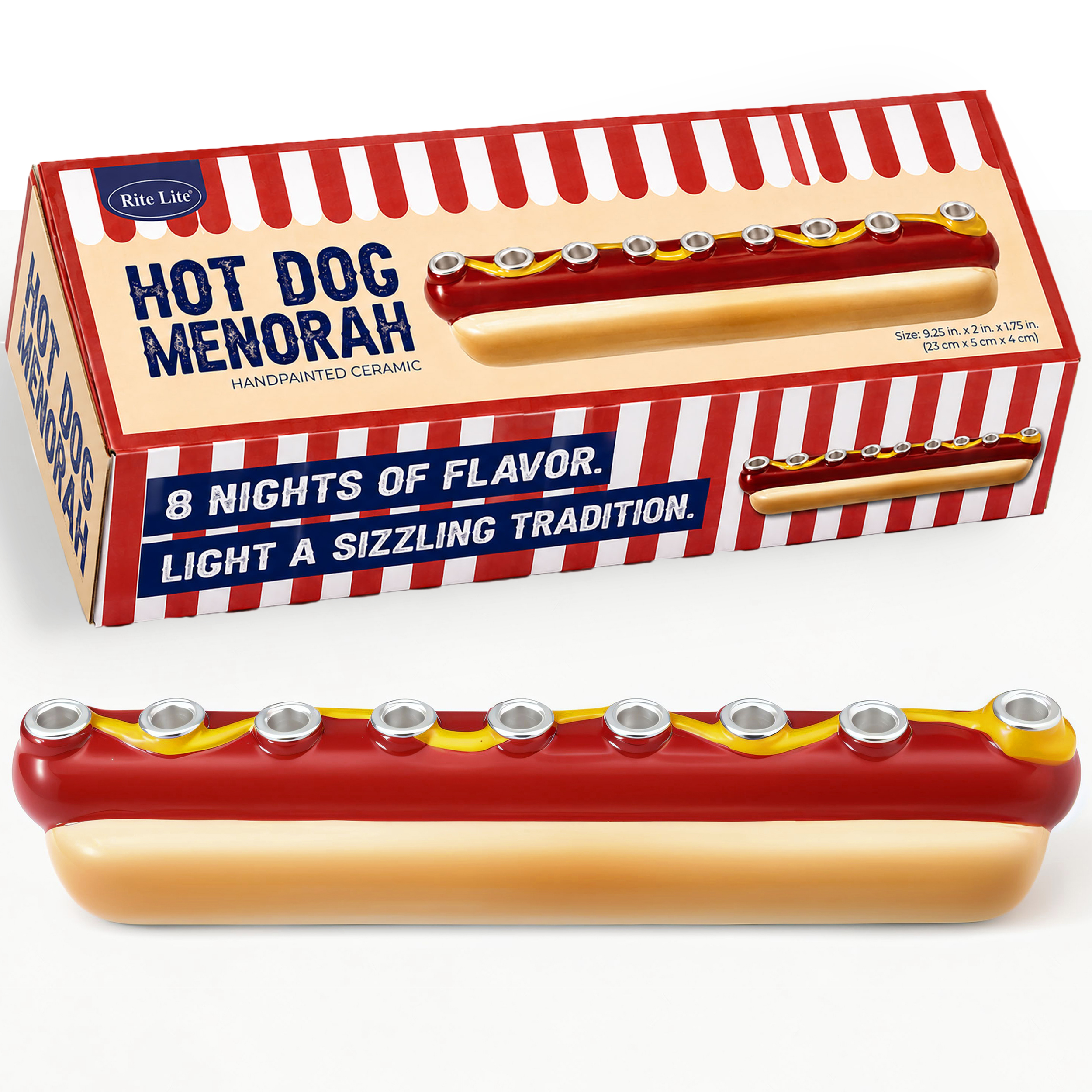 MENORAH,"HOT DOG", HANDPAINTED CERAMIC,9.25"x2",COLORBOX