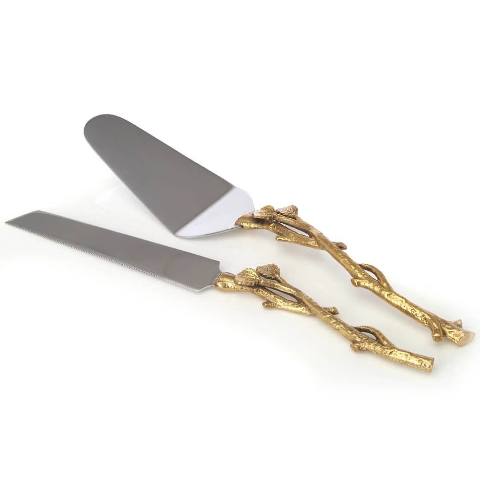 Cake Server and Knife Set with Gold Leaf Design