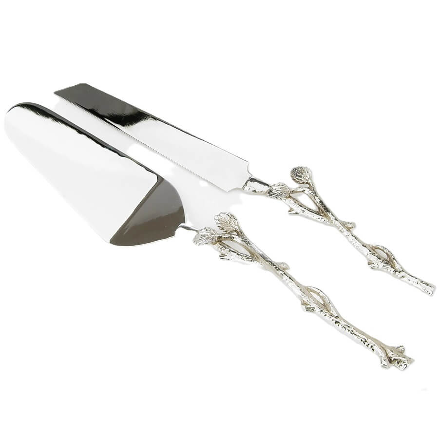 Cake Server and Knife Set with Silver Leaf Design