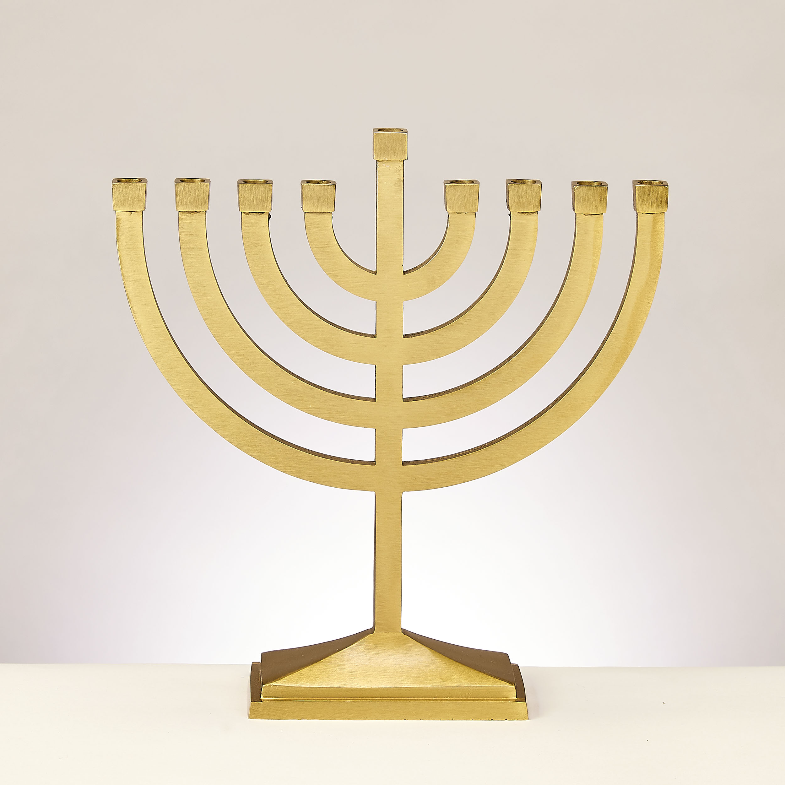 TRADITIONAL MENORAH,SATIN GOLD FINISH, ALUMINUM, 8.5"x8.5",TAG