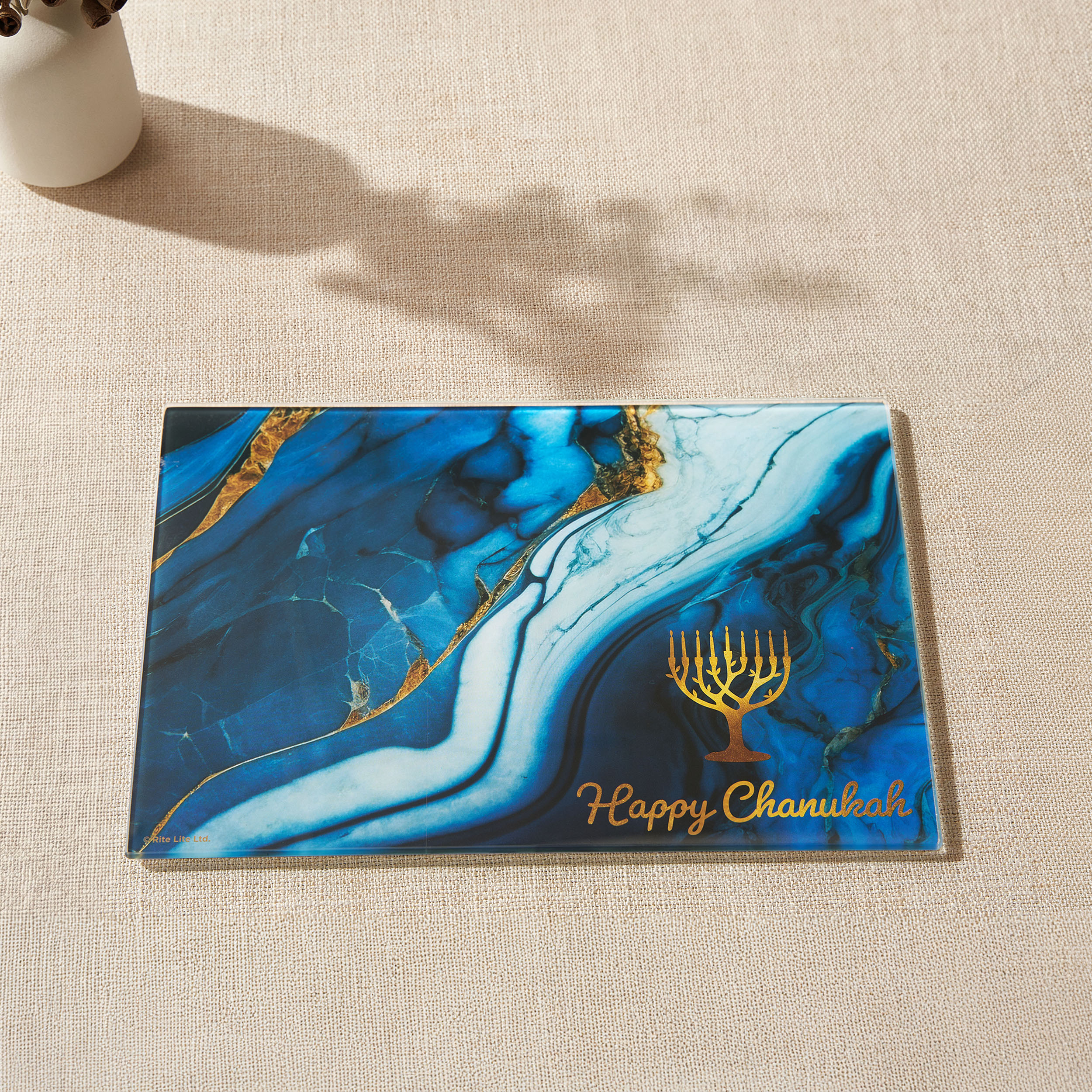 MENORAH DRIP TRAY,"BLUE MARBLE",TEMPERD GLASS,12"x8",LABEL,6/DIS