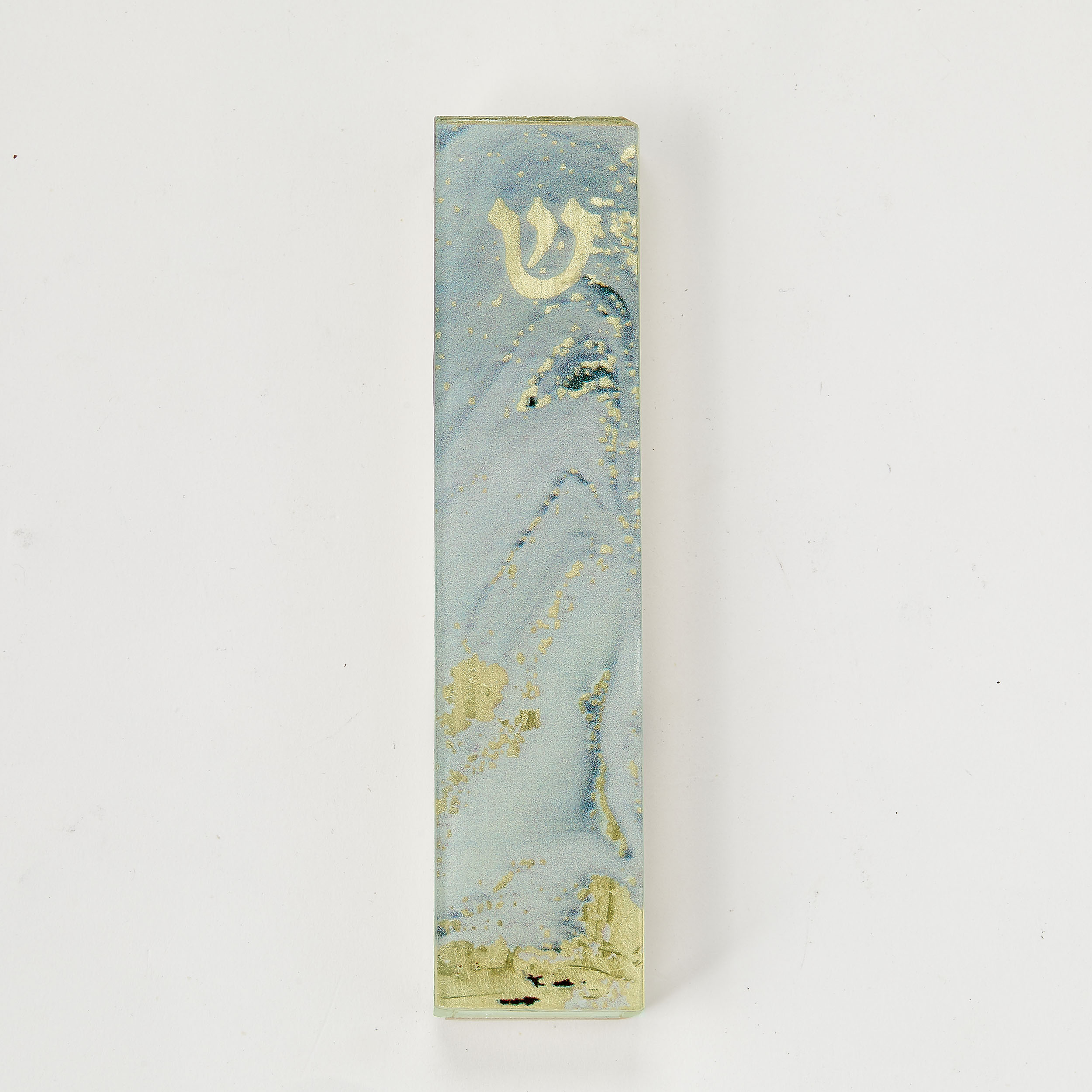 MEZUZAH, ART GLASS, "SAGE MARBLE", GOLD ACCENTS, 5.5", GIFT BOX