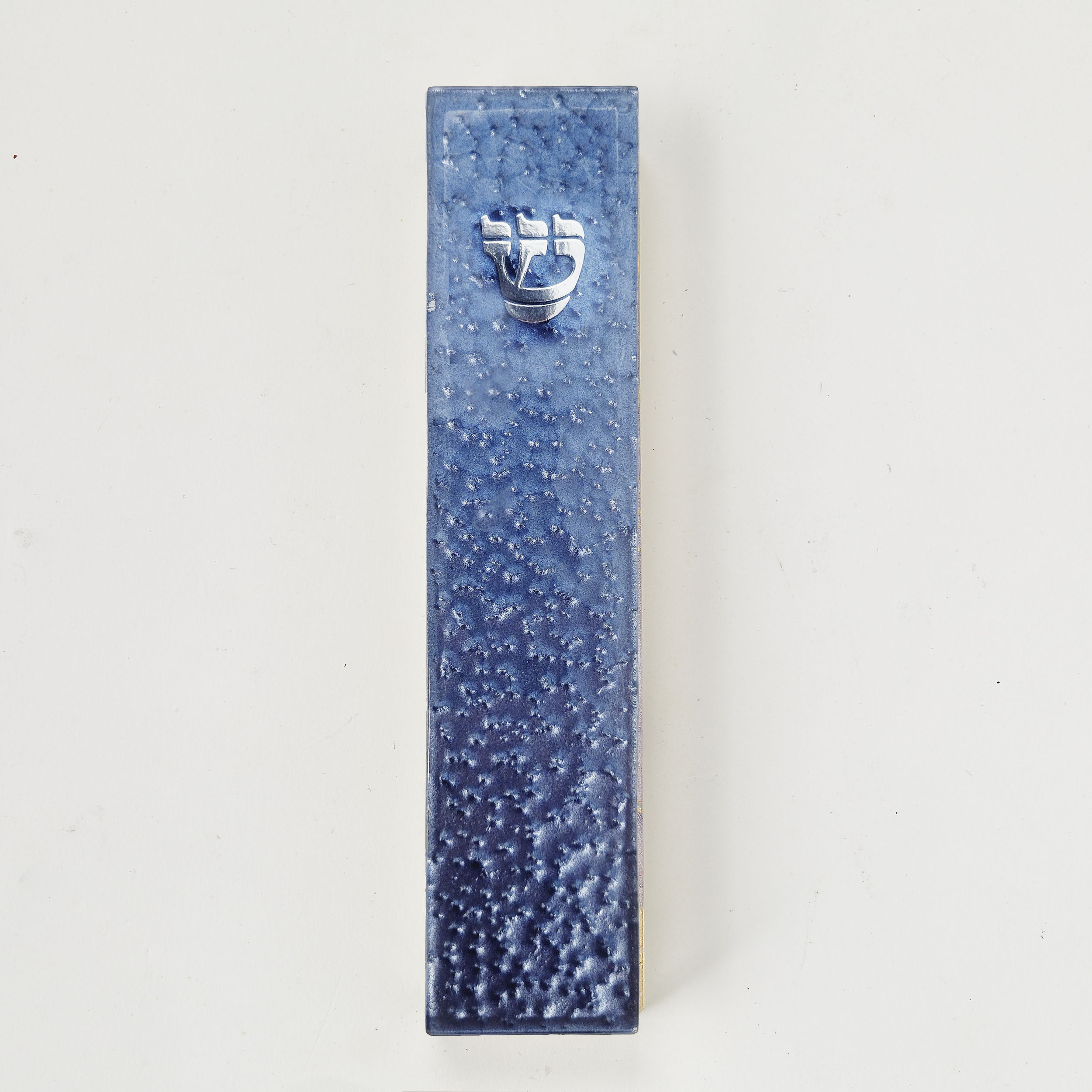 MEZUZAH,ART GLASS,BLUE "PEBBLED GLASS",SILVR ACCENTS,5.5",GIFTBOX
