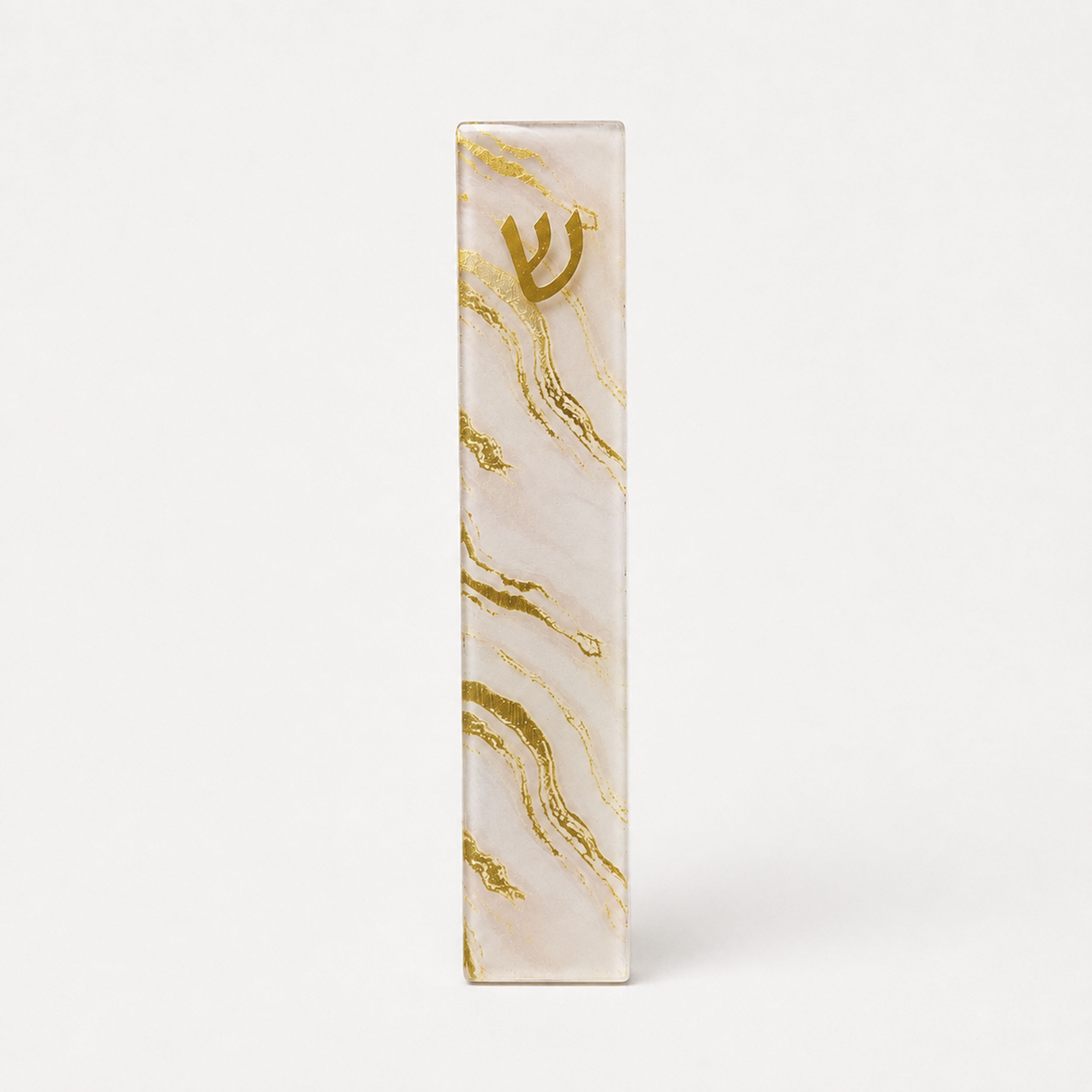 MEZUZAH, ART GLASS,"CREAM MARBLE",GOLD ACCENTS,5.5", GIFT BOX