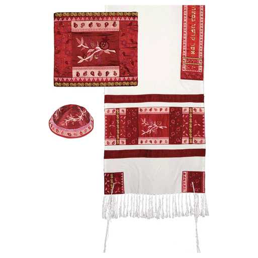 Red Raw Silk Pomegranates Tallit Set By Yair Emanuel - 20" X 75"
