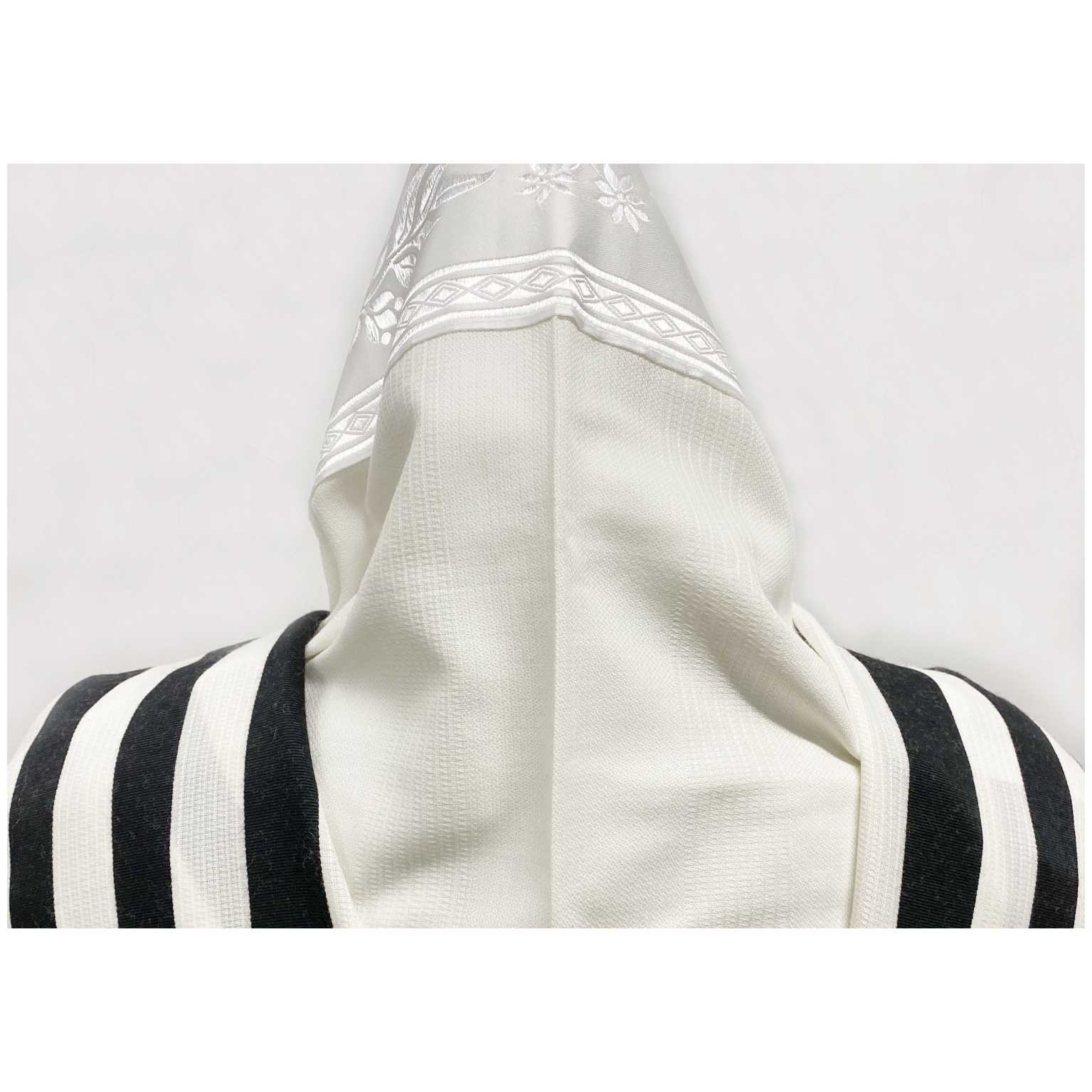 Premiere Weave Non-Slip Wool Tallis With Black Stripes And Ashkenaz Tied Tzitzis