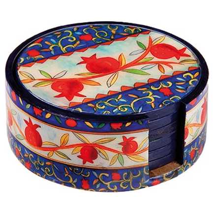 Round Wooden Printed Pomegranates Coasters - Set Of 6 By Yair Emanuel