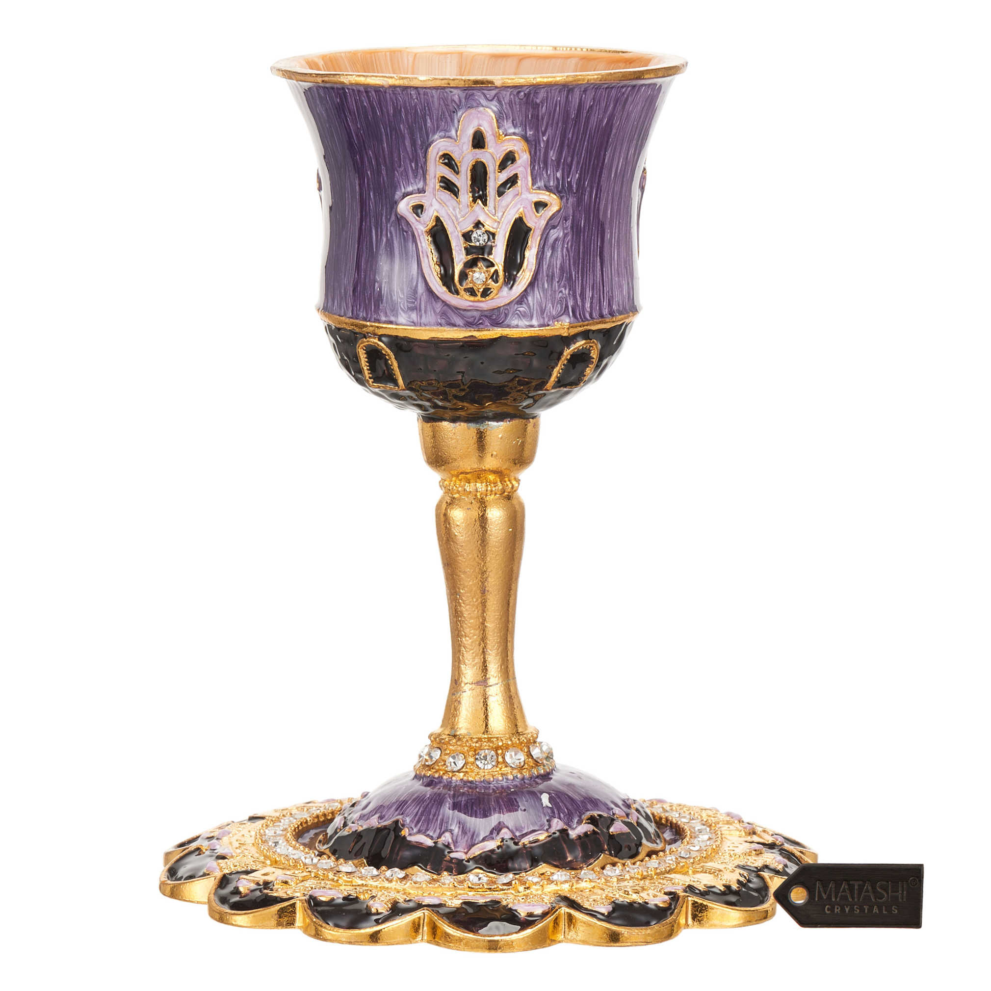 Purple Hand-Painted Stemmed Hamsa Kiddush Cup  Plate With Crystals -Perfect For Shabbat