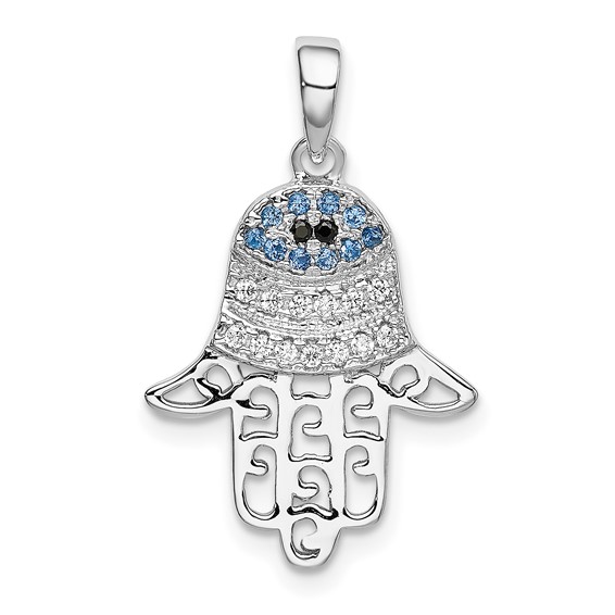 Sterling Silver Colored Cz Eye Hamsa Pendant