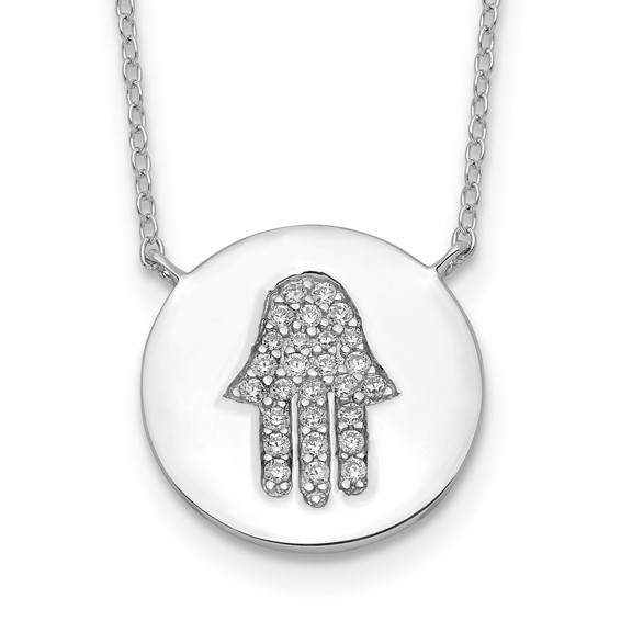 Sterling Silver Rhodium-Plated Hamsa Cz Necklace