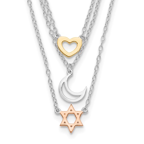 Sterling Silver Heart, Moon, And Star Of David Tiered Necklace