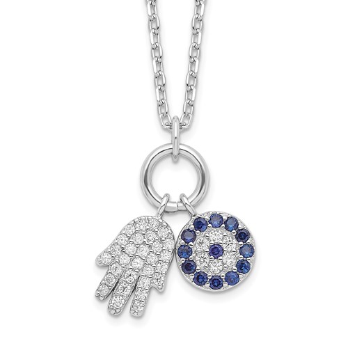 Sterling Silver Rhodium-Plated Cz Eye And Hamsa Charm Necklace