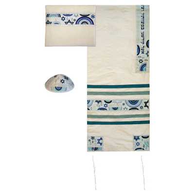 Blue Raw Silk Rainbow Star Of David Tallit Set By Yair Emanuel - 16" X 70"