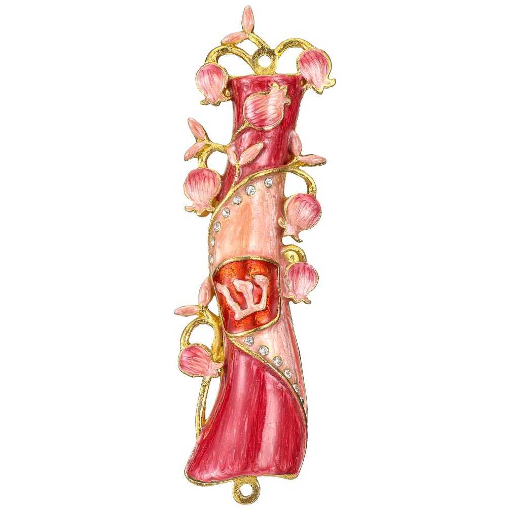 Red And Pink Hand Painted Crystalled Pomegranate Floral Mezuzah Case