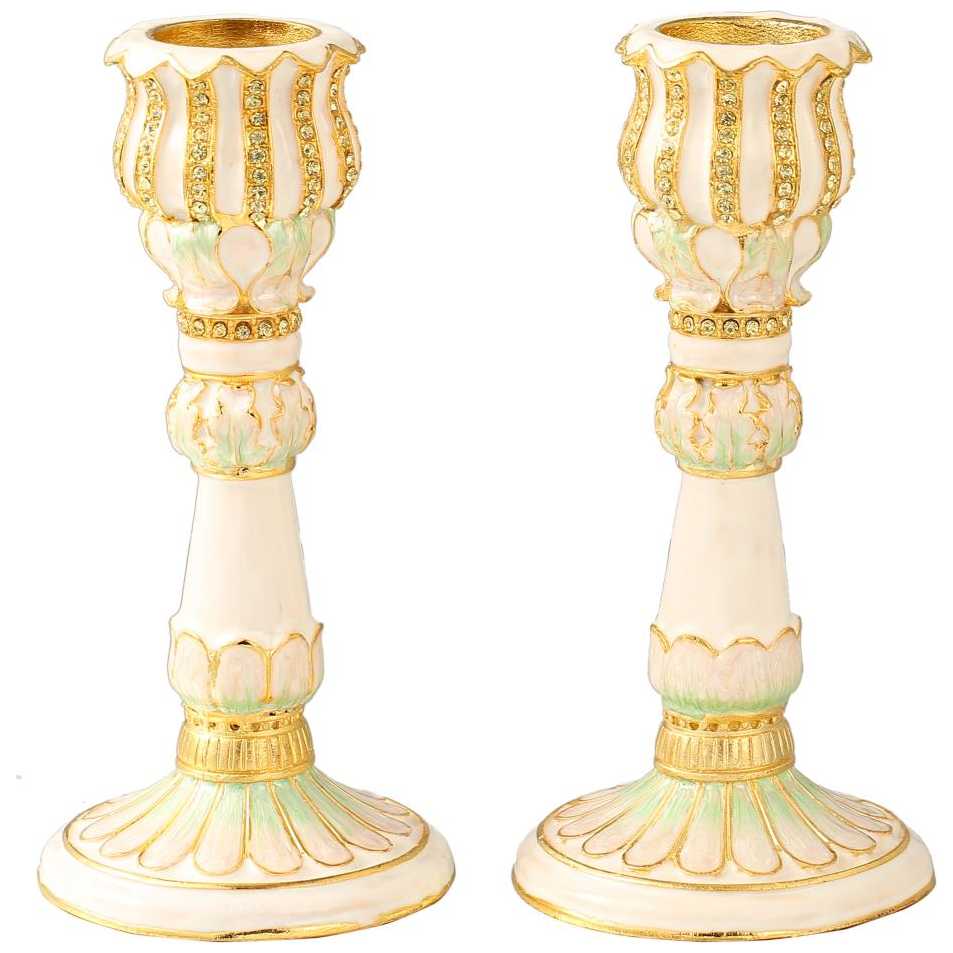 Rose Gold Hand Painted Gold Plated Pewter Pedals Shabbat Candlesticks