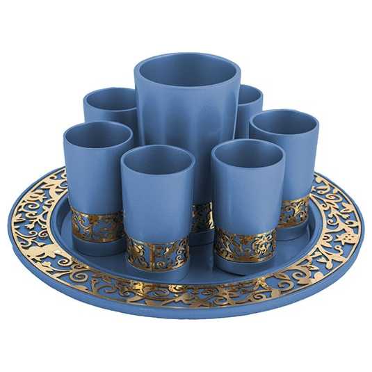 Round Blue And Gold Lasercut Pomegranate Kiddush Serving Cup Set By Yair Emanuel