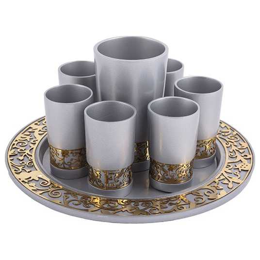 Round Silver And Gold Lasercut Pomegranate Kiddush Serving Cup Set By Yair Emanuel