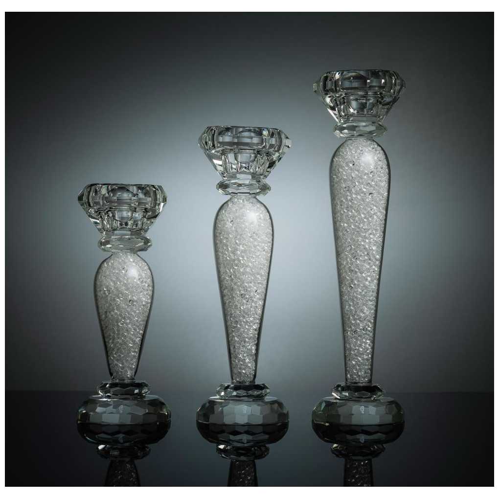 Rounded Design Eleganat Crystal Candelstick Set With Crystal Filled Stems (Set Of 3)