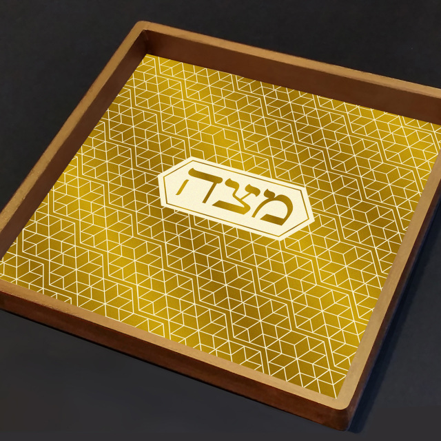 Hand Crafted Wooden Star of David Matzah Tray - Gold
