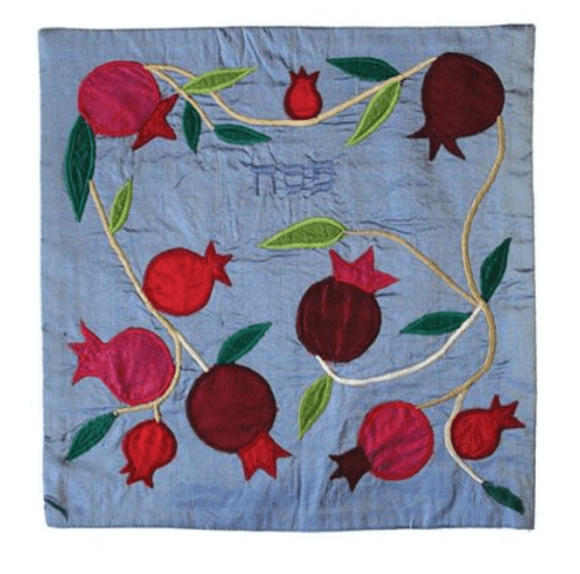Raw Silk Matzah Cover- Pomegranates Blue