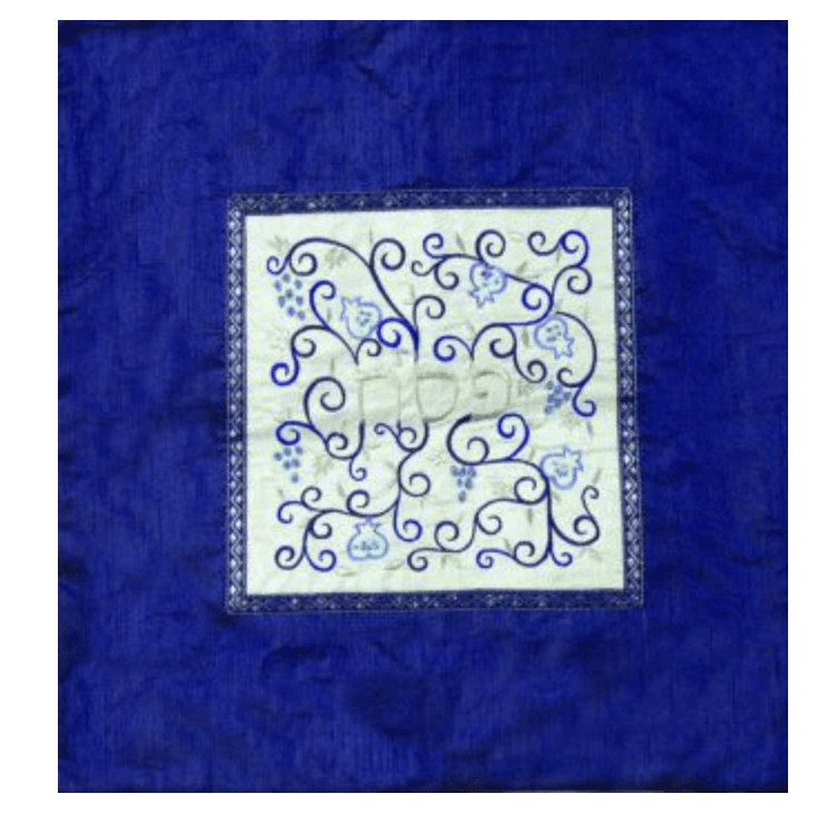 Embroidered Matzah Cover Pomegranates White on Blue