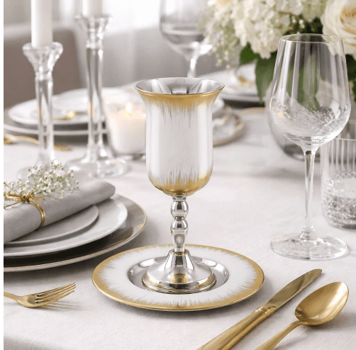 White Enamel Kiddush Cup with Brushed Gold Design