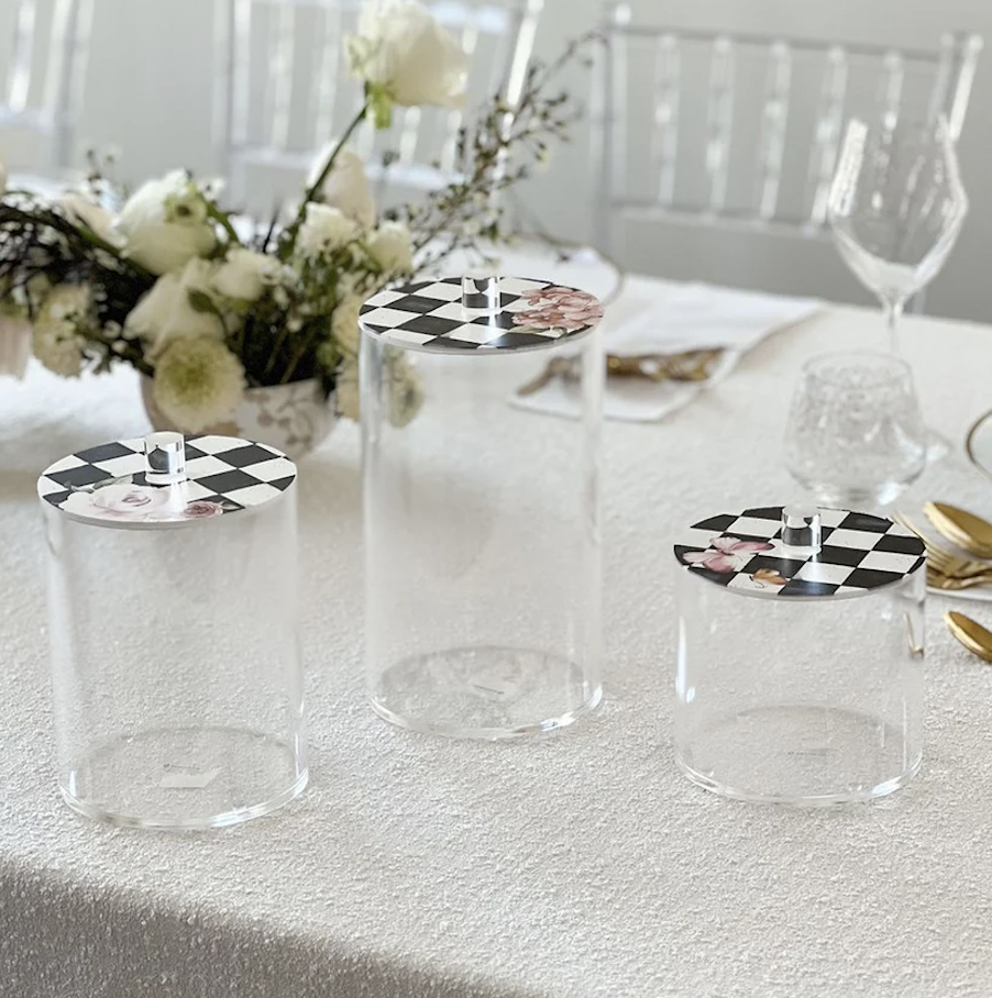 Lucite Cookie Jars with Black Chic Checkered Lids