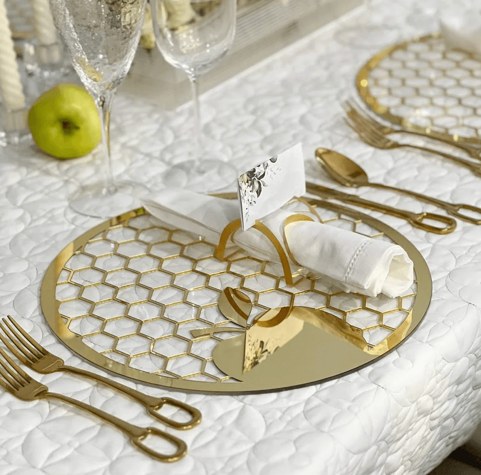 Lucite & Gold Laser Cut Honeycomb Design Charger