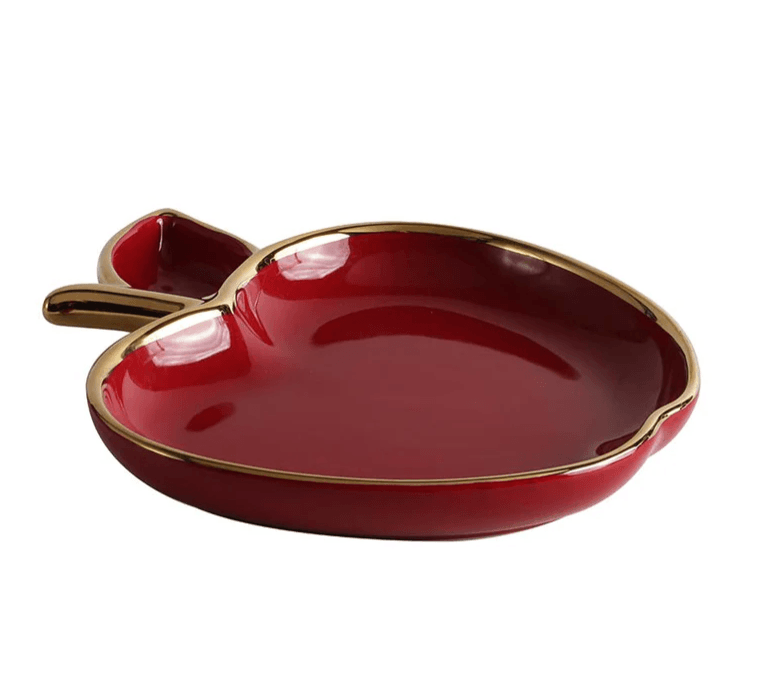 Red Porcelain Apple Shaped Dish with Gold Trim