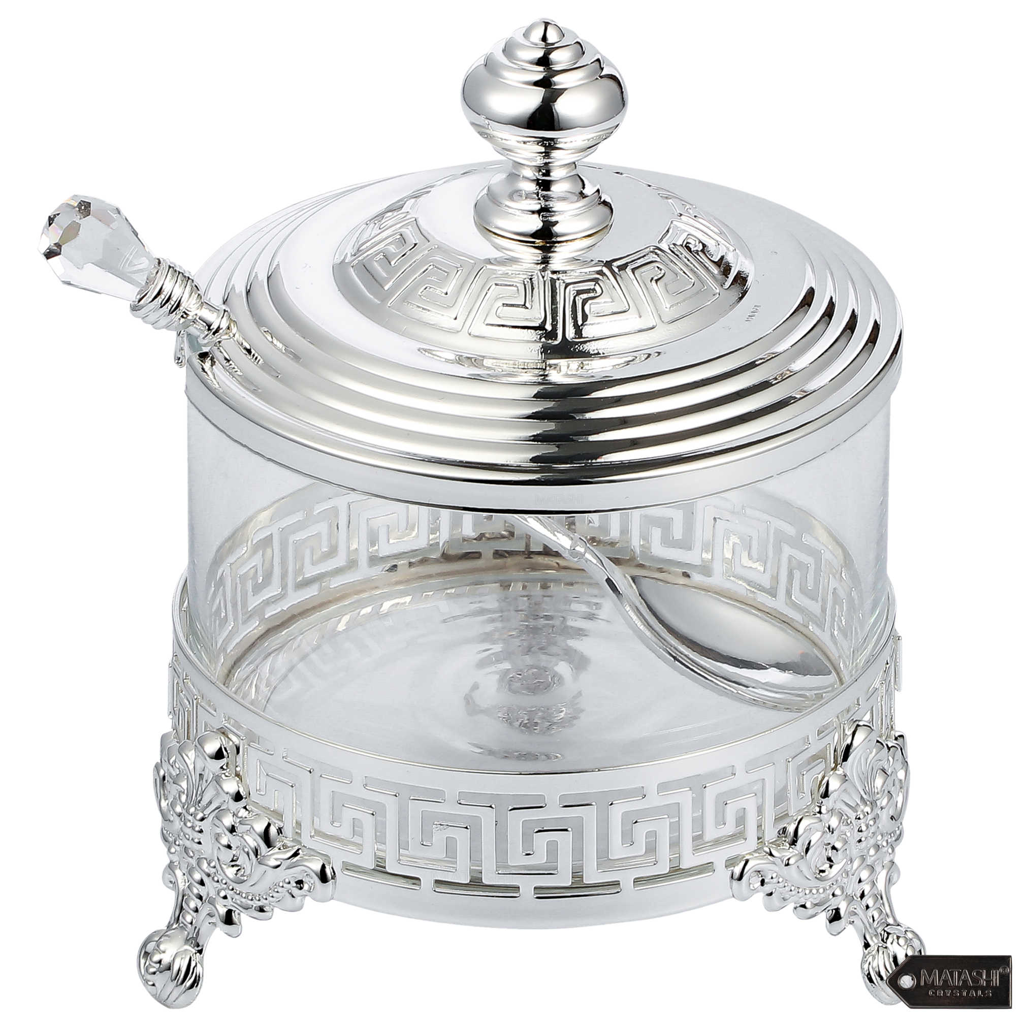 Silver Plated Contemporary Designed Decorative Dish With Crystal Studded Spoon -Perfect For Rosh Hashanah