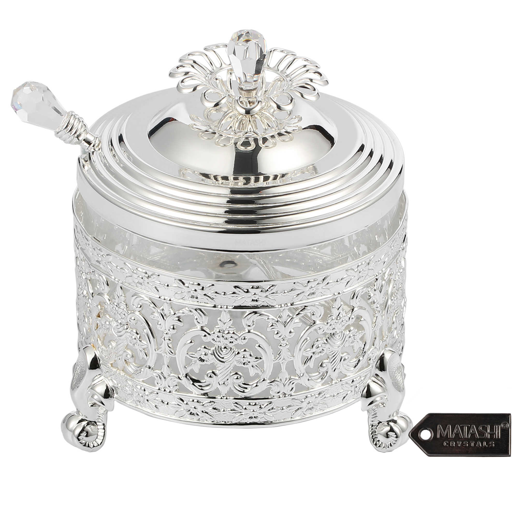 Silver Plated Intricate Pattern Designed Decorative Dish With Crystal Studded Spoon -Perfect For Rosh Hashanah