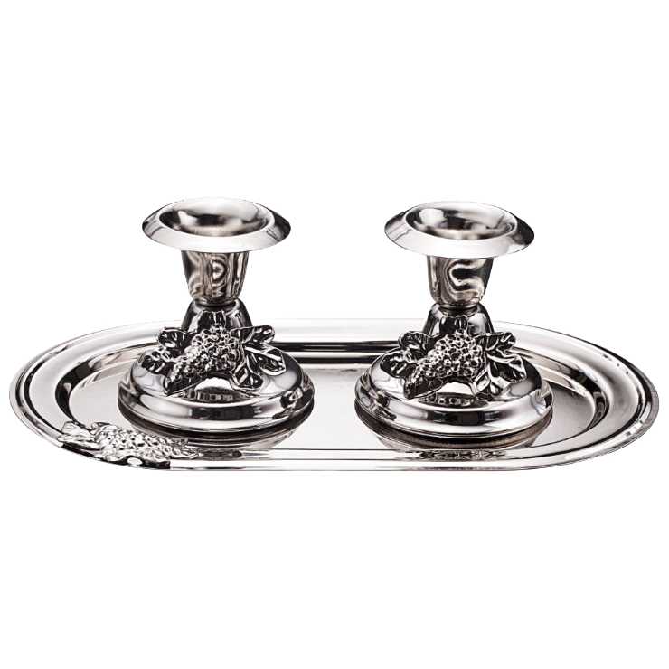 Silver Plated Grape Design Candlesticks With Tray