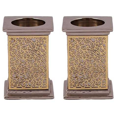 Square Floral Lasercut Candlesticks - Gray With Gold Overlay - By Yair Emanuel