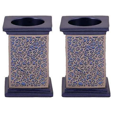 Square Lasercut Pomegranate Candlesticks - Navy With Silver Overlay - By Yair Emanuel