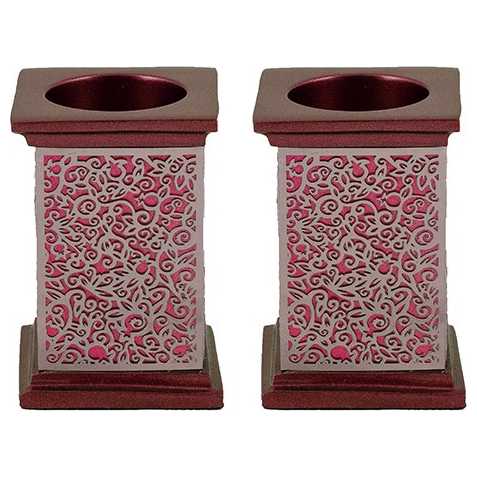 Square Lasercut Pomegranate Candlesticks - Red With Silver Overlay - By Yair Emanuel