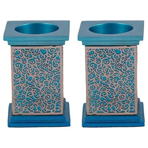 Square Lasercut Pomegranate Candlesticks - Turquoise  With Silver Overlay - By Yair Emanuel
