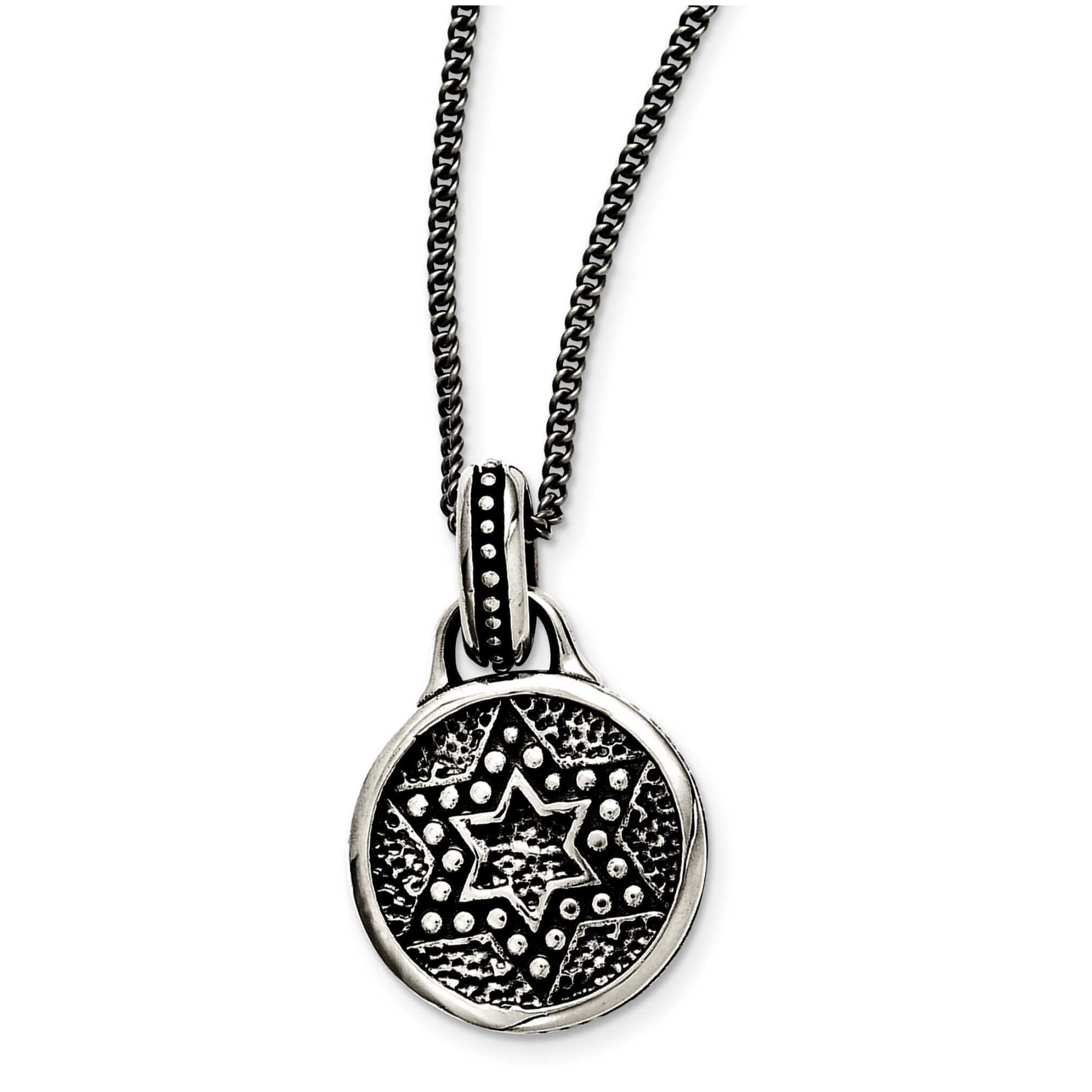 Stainless Steel Antiqued And Polished Round Star Of David Necklace