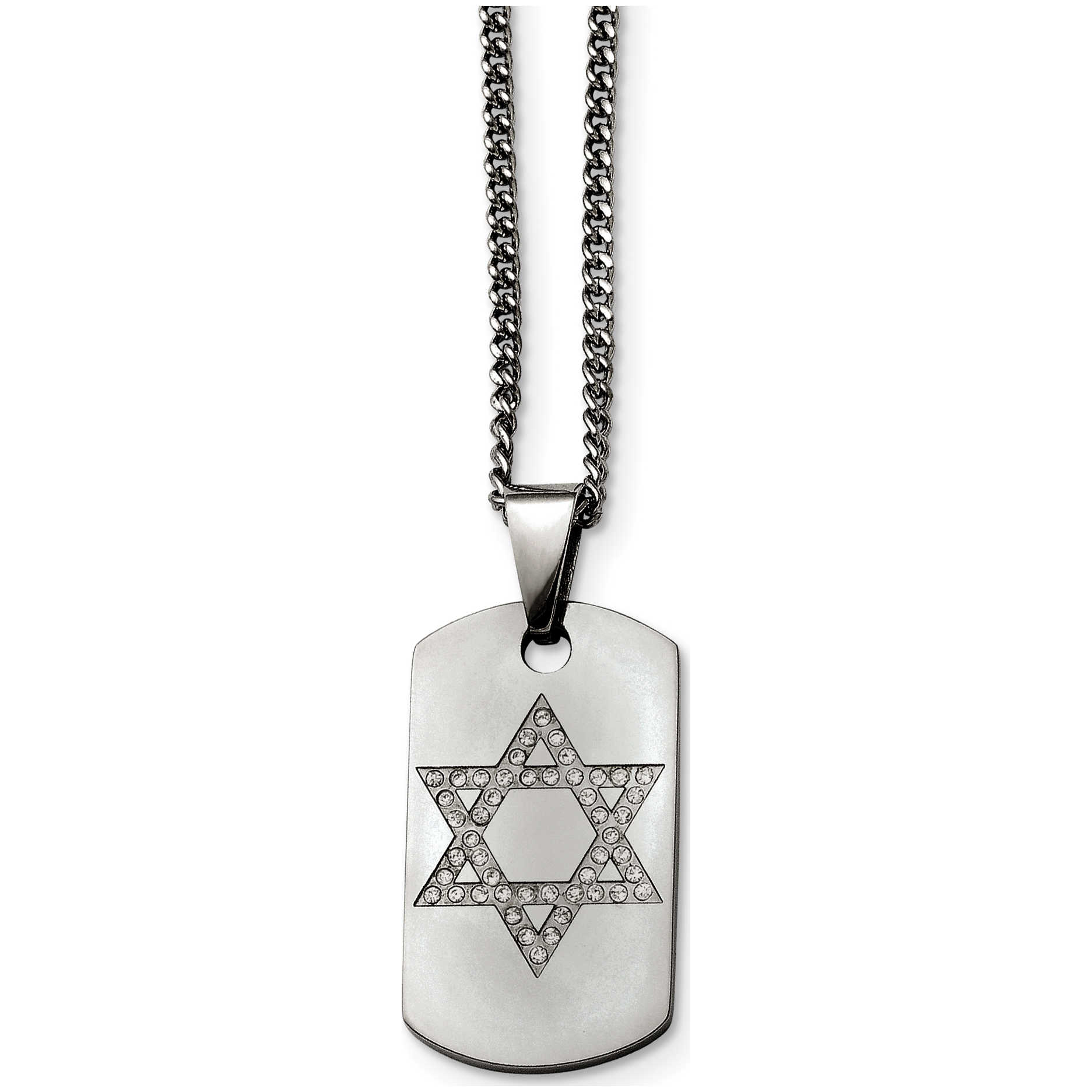 Stainless Steel Star Of David Cz Dog Tag Polished Necklace