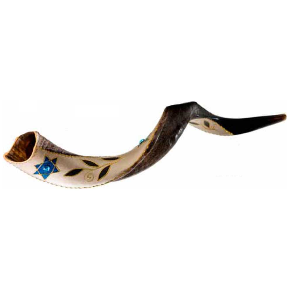 Star Of David/leaves Painted Yemenite Shofar - 40"