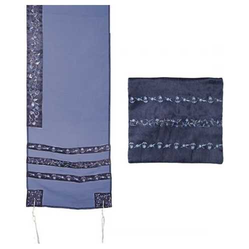 Navy Blue Organza Striped Floral Tallit Set By Yair Emanuel - 20" X 75"