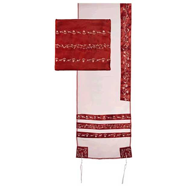 Red Organza Striped Floral Tallit Set By Yair Emanuel - 20" X 75"
