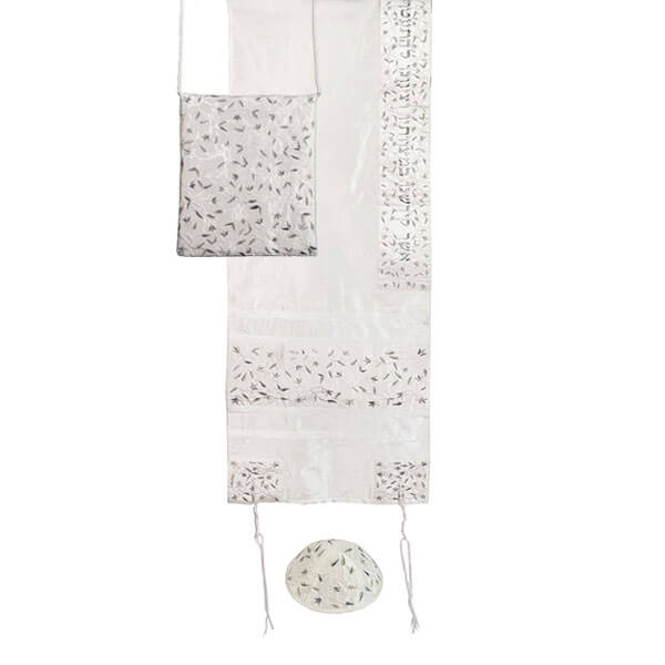 White Silk Climbing Flowers Tallit Set By Yair Emanuel - 16" x 70"