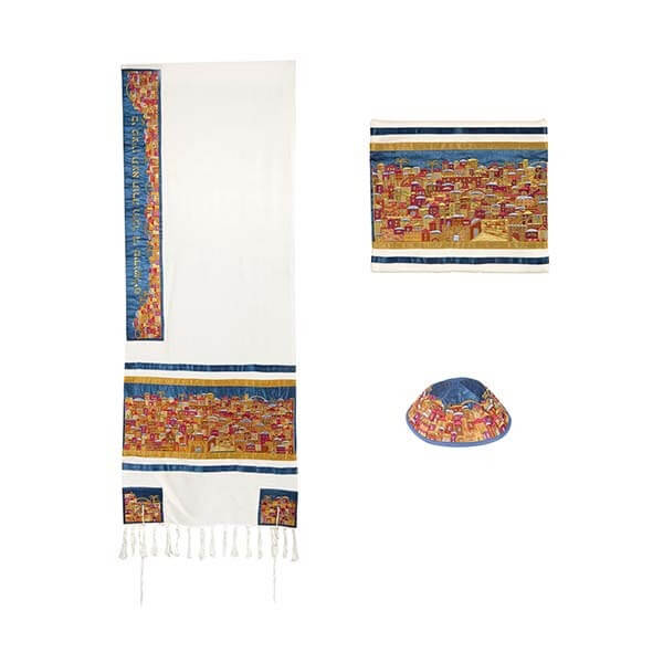 Multi-Color Silk Jerusalem Tallit Set By Yair Emanuel -  75" X20"