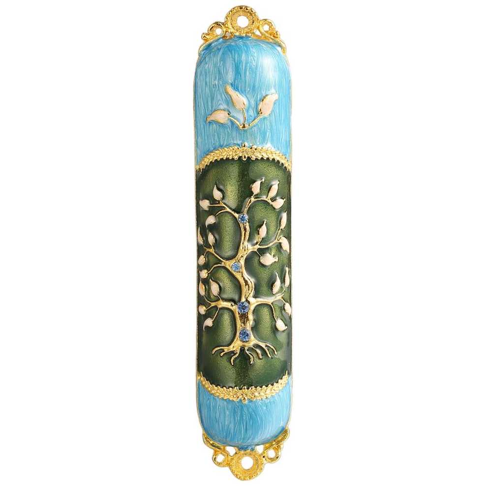 Teal And Green Crystaled Hand Painted Tree Of Life Mezuzah Case