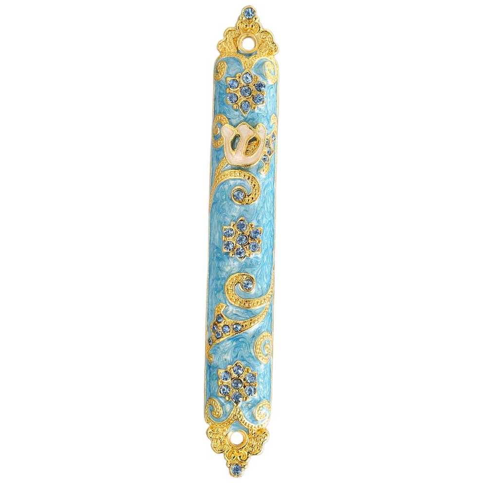 Teal  & Floral Swirl Hand Painted Crystalled Mezuzah Case