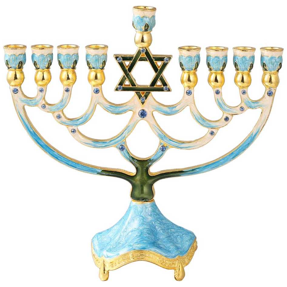 Teal Hand Painted Star Of David Crystaled Menorah With Gold Accents -Perfect For Hanukkah