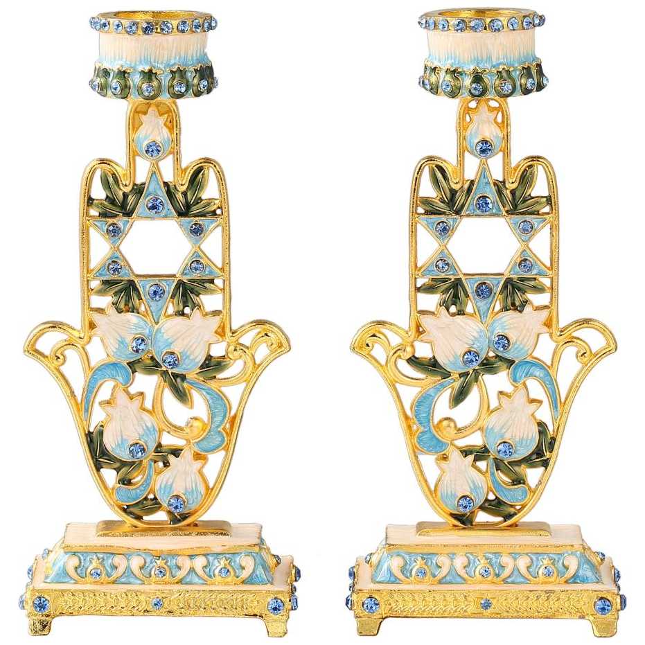Teal & Ivory Hand Painted Hamsa Candlesticks With Star Of David