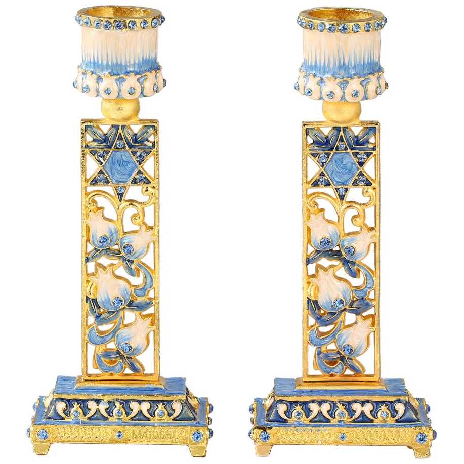 Teal & Ivory Hand Painted Pomegranate Candlesticks With Star Of David